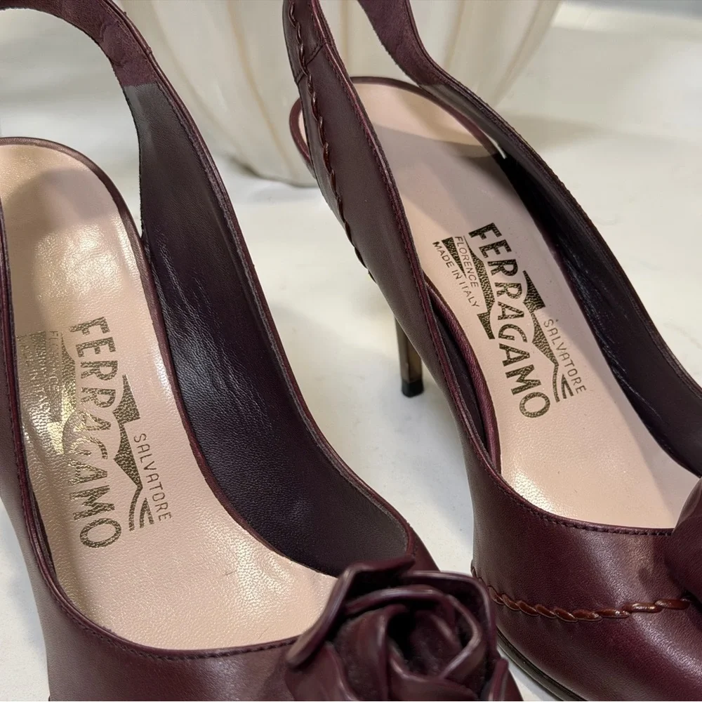 Salvatore Ferragamo Dark Red Peep-Toe Heels - Picture 2 of 10